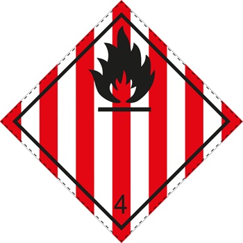 ADR/RID/ADN nagybárca, 4.1 osztály veszélye, gyúlékony szilárd anyagok, önreaktív anyagok, és szilárd, érzéketlenített r