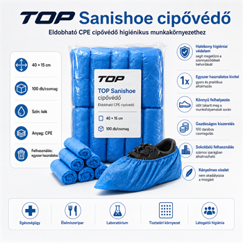 Cipővédő TOP SANISHOE gumírozott CPE, kék, 100db/csomag