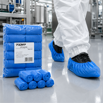 Cipővédő TOP SANISHOE gumírozott CPE, kék, 100db/csomag