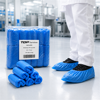Cipővédő TOP SANISHOE gumírozott CPE, kék, 100db/csomag