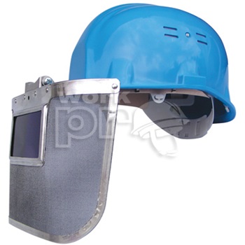 Kohász arcvédő, sisakra szerelhető, 300 x 170 mm-es acélháló, kobaltkék üveggel