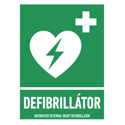 Sorozattábla, Defibrillátor matrica (ISO 7010-E010 piktogram + felirat), 150x200 mm