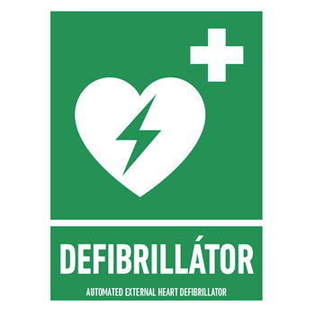 Sorozattábla, Defibrillátor matrica (ISO 7010-E010 piktogram + felirat), 150x200 mm