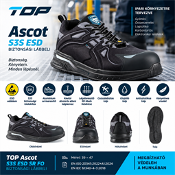 Védőfélcipő TOP ASCOT S3 ESD, alumínium orrmerevítő, kevlár talplemez