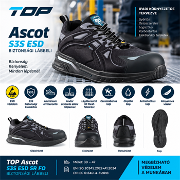 Védőfélcipő TOP ASCOT S3 ESD, alumínium orrmerevítő, kevlár talplemez