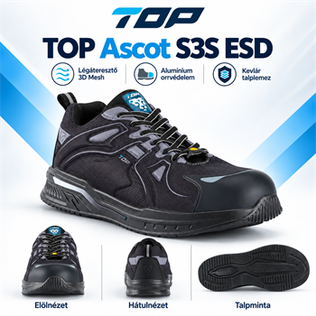 Védőfélcipő TOP ASCOT S3 ESD, alumínium orrmerevítő, kevlár talplemez