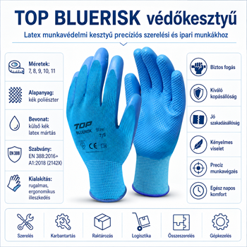 Védőkesztyű TOP BLUERISK poliészter alap latex bevonattal