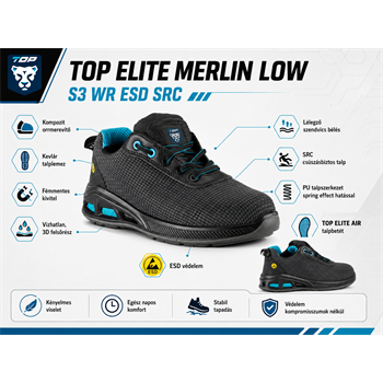 TOP ELITE MERLIN LOW S3 WR ESD SRC védőcipő, kompozit orrmerevítő