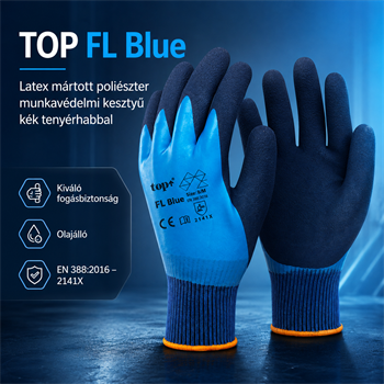 TOP FL Blue latex mártott poliészter kesztyű, gumírozott mandzsetta