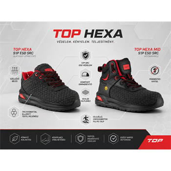 TOP HEXA S1P ESD SRC védőcipő, kompozit orrmerevítő, kevlár talplemez