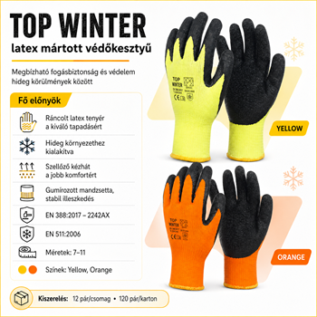 TOP WINTER latex mártott védőkesztyű, kevertszálas alapú, erős kopásállóságú